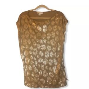 Michael Kors Gold Sequined Scoop Neck Cap Short Sleeve Top